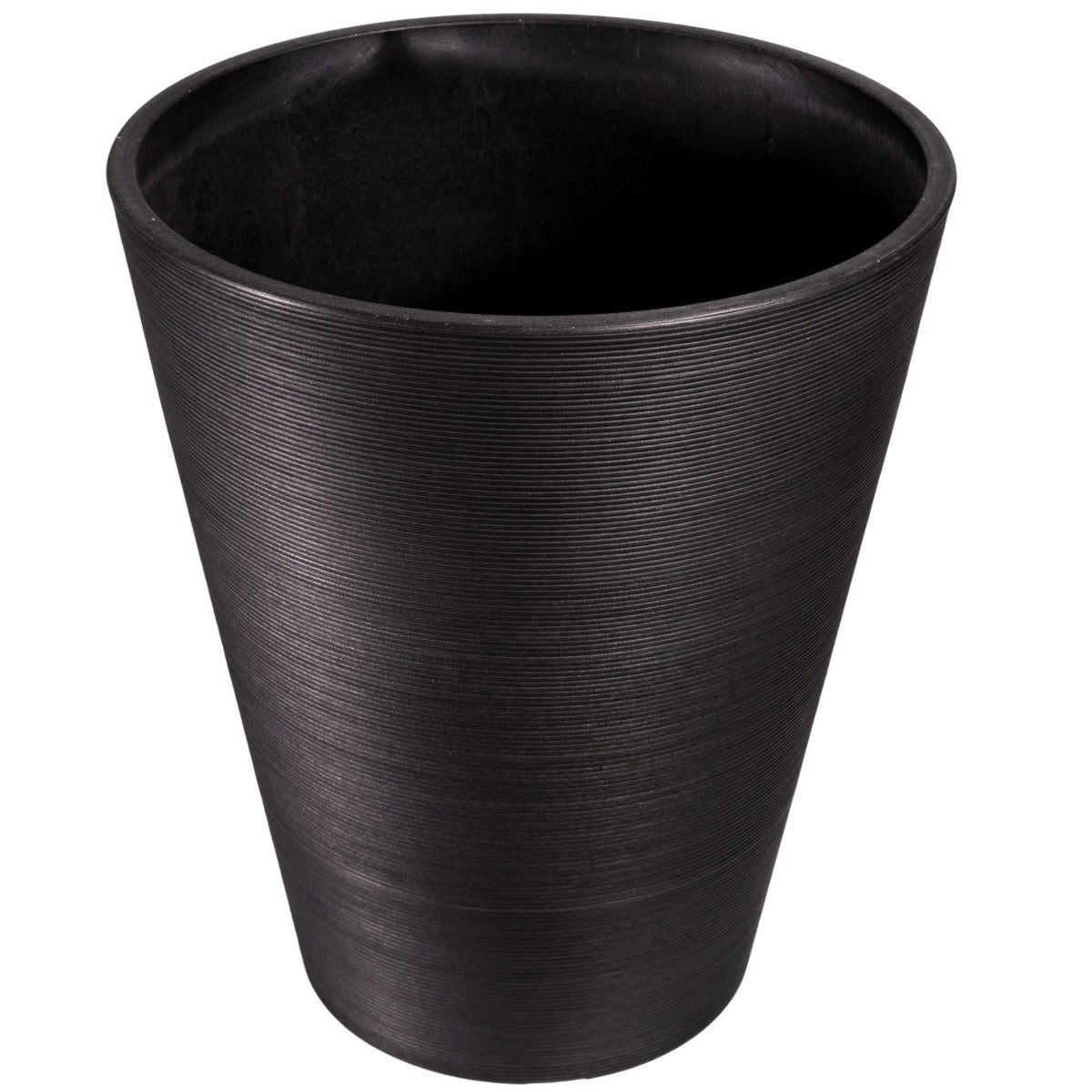 A decorative textured round black planter measuring 47cm, showcasing a modern design suitable for various plants.