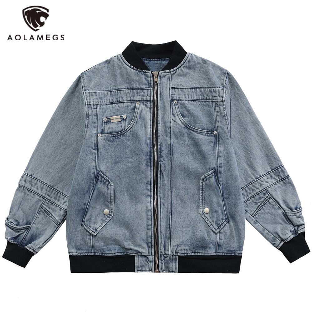 Men's oversized denim jacket featuring solid patchwork and retro zipper design, suitable for couples and high street fashion.