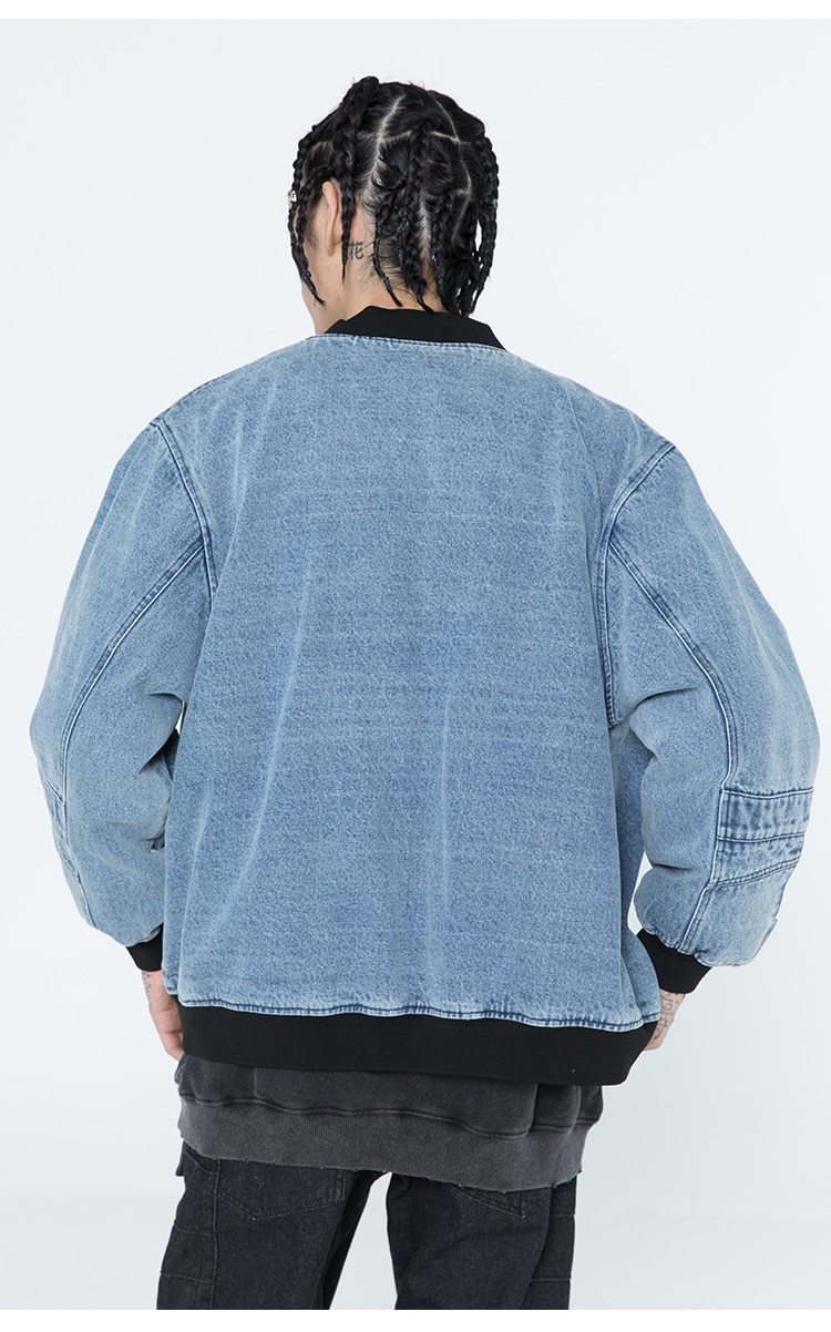 Men's oversized denim jacket featuring solid patchwork and retro zipper design, suitable for couples and high street fashion.