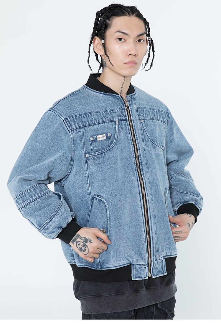 Men's oversized denim jacket featuring solid patchwork and retro zipper design, suitable for couples and high street fashion.