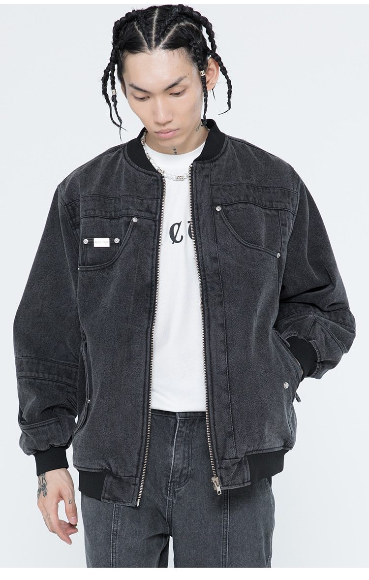 Men's oversized denim jacket featuring solid patchwork and retro zipper design, suitable for couples and high street fashion.