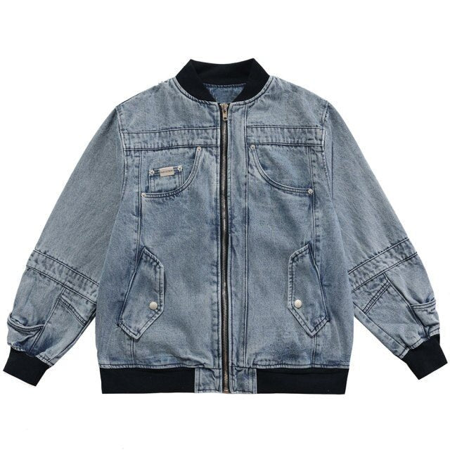 Men's oversized denim jacket featuring solid patchwork and retro zipper design, suitable for couples and high street fashion.