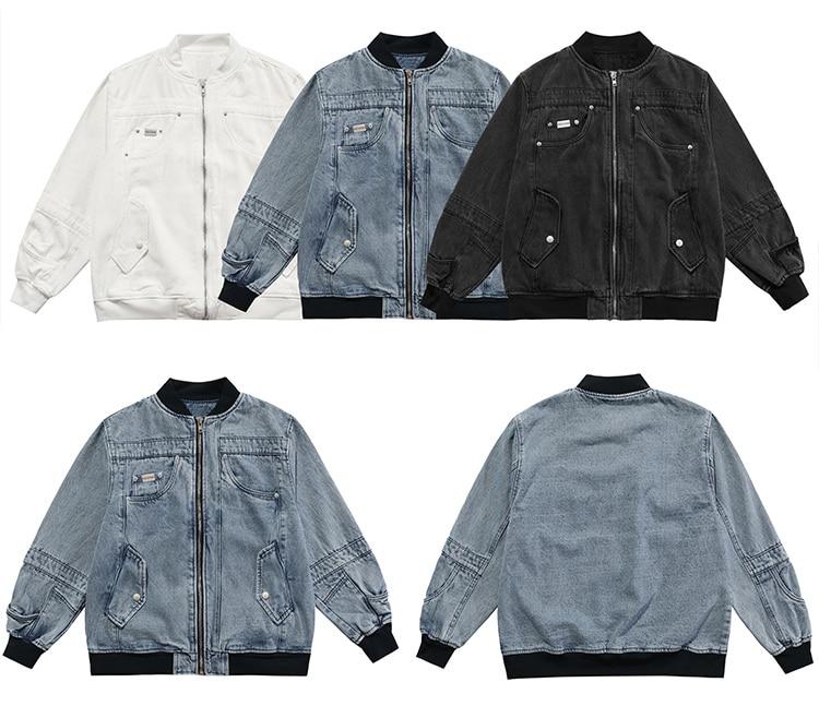 Men's oversized denim jacket featuring solid patchwork and retro zipper design, suitable for couples and high street fashion.