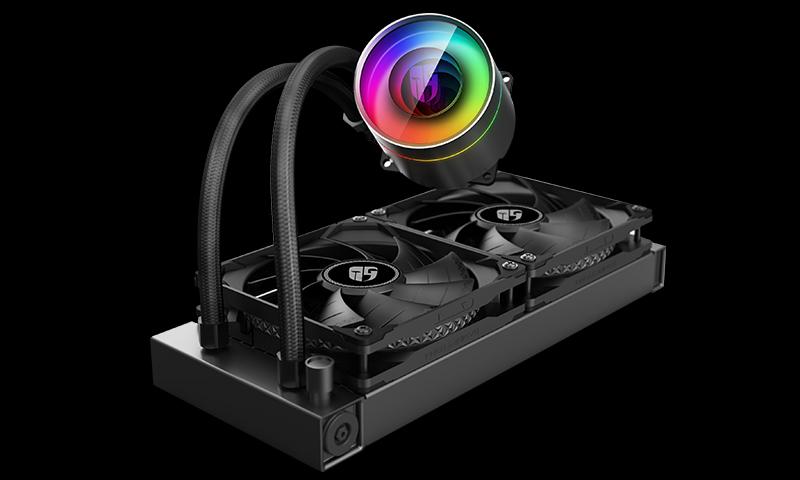 DEEPCOOL GamerStorm Castle 240EX CPU Liquid Cooler with RGB lighting and dual fans, designed for Intel processors.