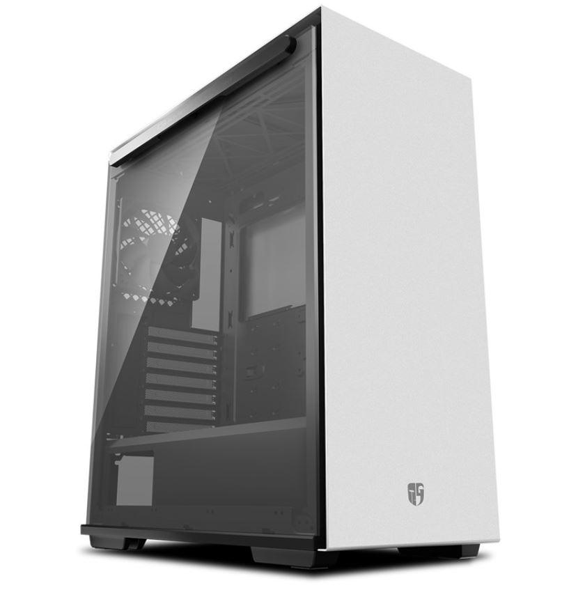 Deepcool MACUBE 310 WH Tempered Glass Case showcasing its sleek white design and tinted glass panel.