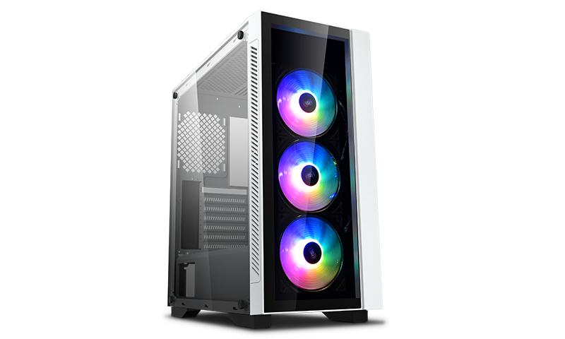 DEEPCOOL MATREXX 55 V3 ADD-RGB WH tempered glass computer case in white, showcasing RGB lighting and spacious interior.