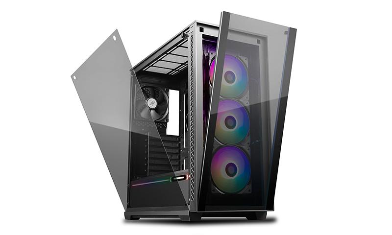 DEEPCOOL MATREXX 70 ADD-RGB 3F full-sized tempered glass ARGB case showcasing RGB fans and spacious interior.