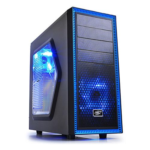 DEEPCOOL Tesseract SW Mid Tower Case with side window and blue LED fans, showcasing its sleek design and spacious interior.