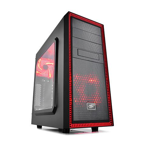 Deepcool Tesseract SW Mid Tower Case with a large side window and two red LED fans, showcasing a sleek black and red design.