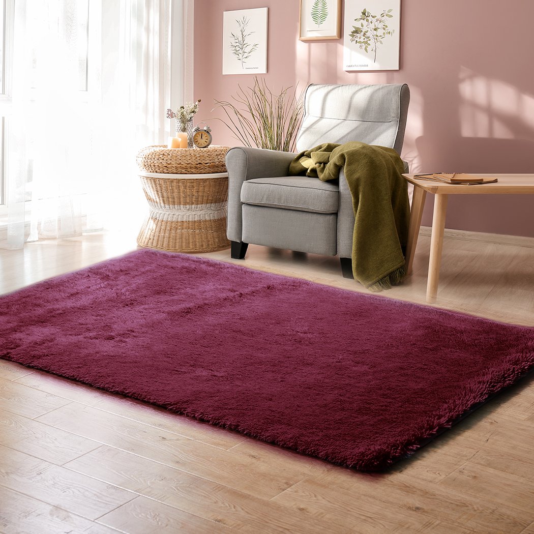 Designer Soft Shag Shaggy Floor Confetti Rug in burgundy, measuring 120x160cm, showcasing a plush 35mm high pile and anti-slip silicone bottom.