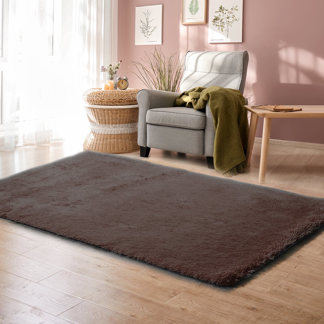 Designer Soft Shag Shaggy Floor Confetti Rug in coffee color, showcasing its plush texture and non-slip silicone bottom.