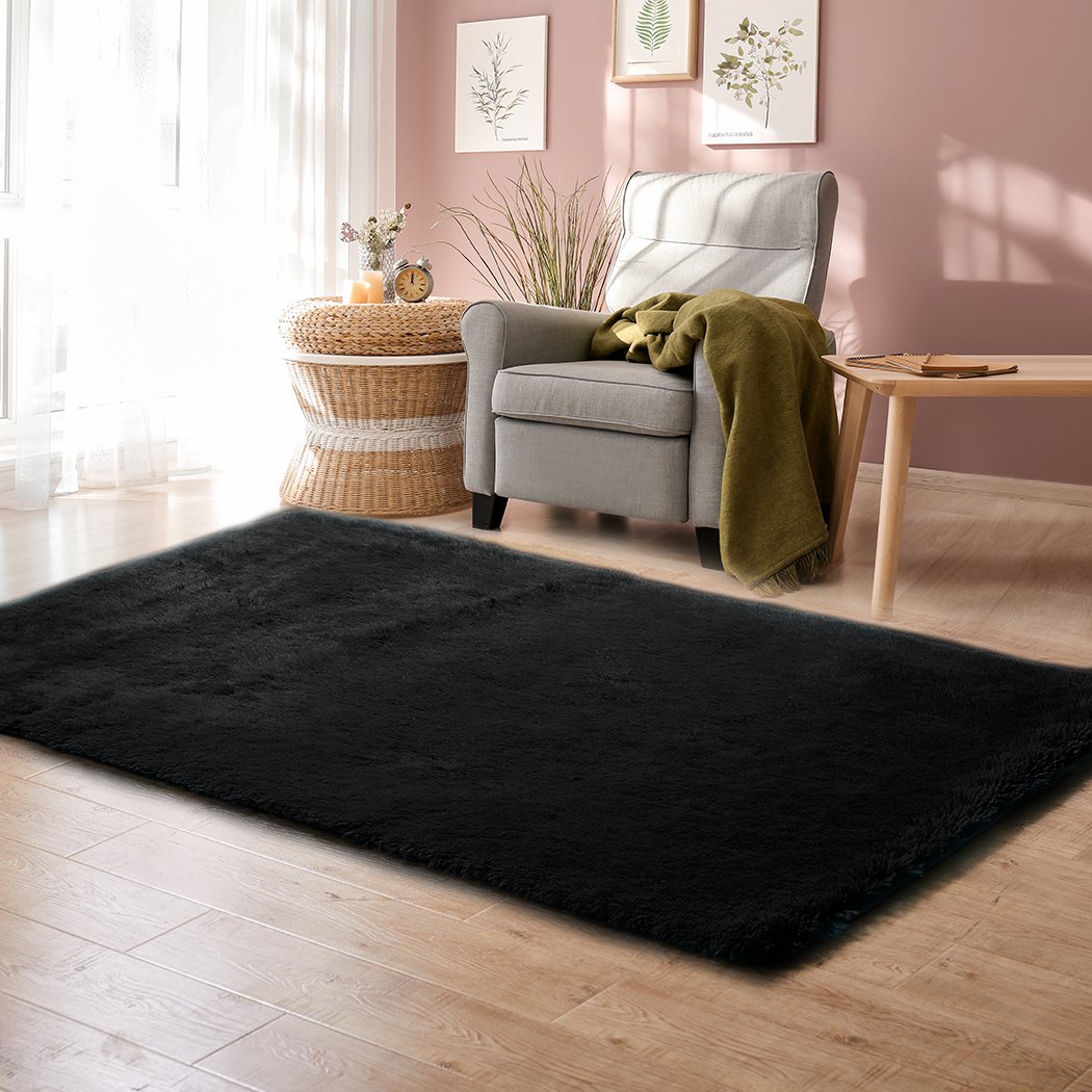 Designer Soft Shag Shaggy Floor Confetti Rug in black, showcasing its plush texture and stylish design, perfect for home decor.