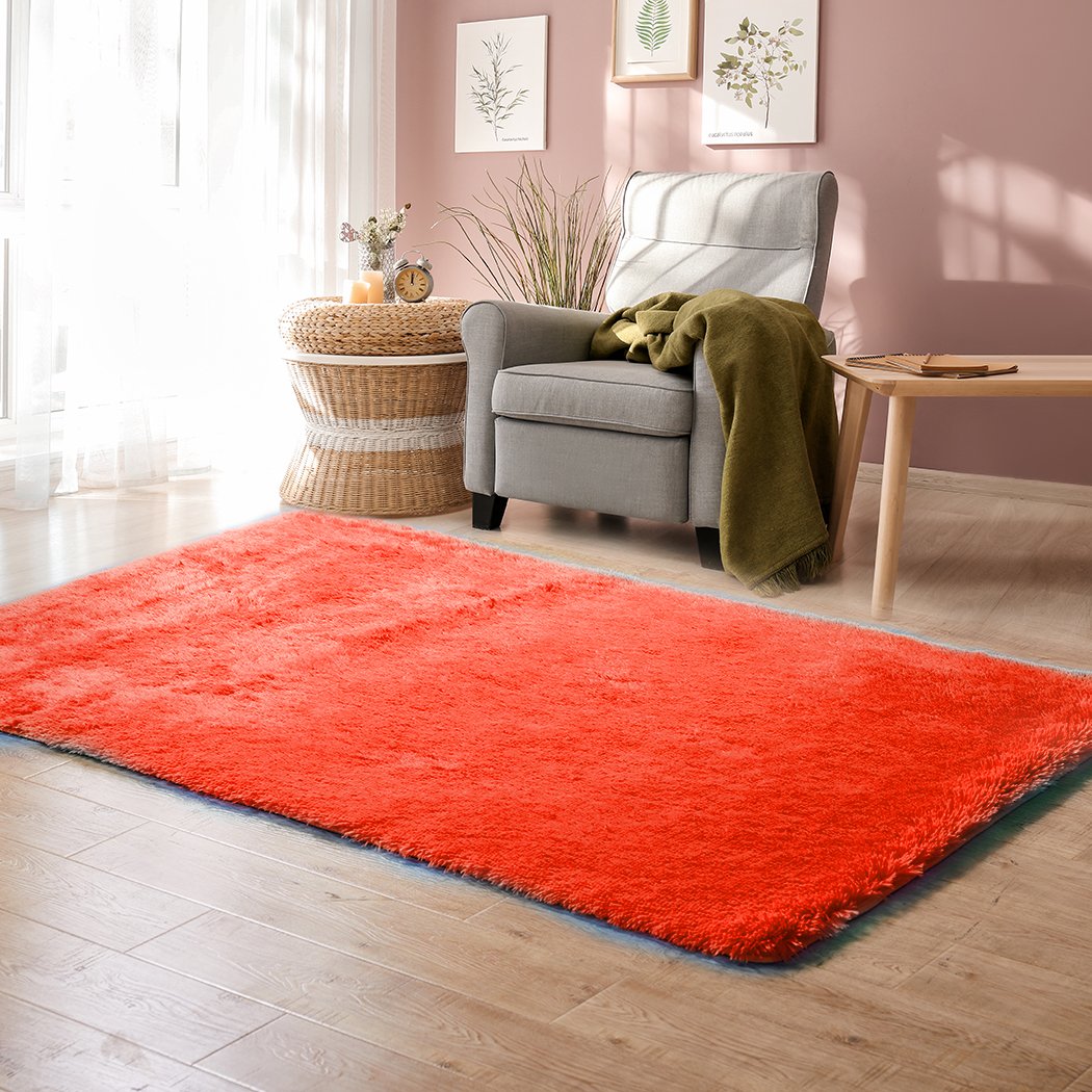 Designer Soft Shag Shaggy Floor Confetti Rug in vibrant red color, showcasing its plush texture and non-slip silicone bottom.