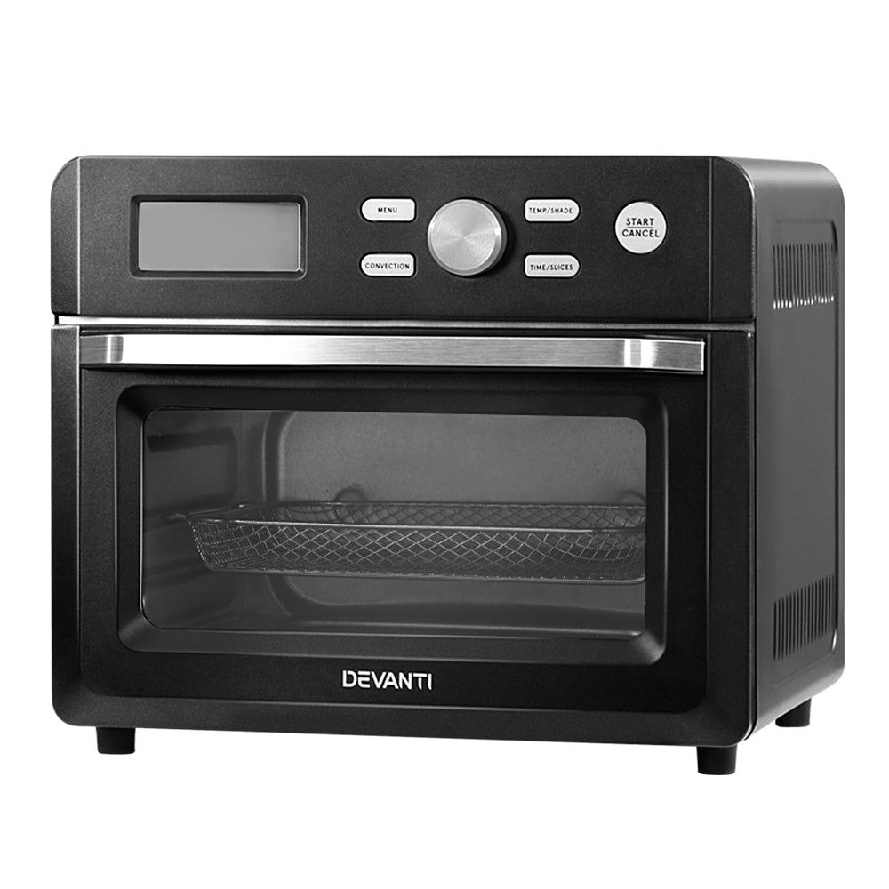 Devanti 20L Air Fryer Convection Oven in stainless steel with LCD display and cooking accessories.