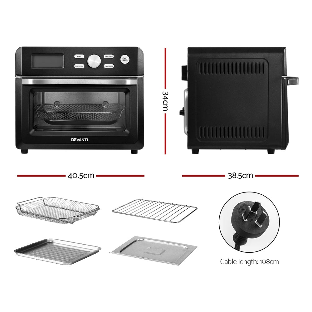 Devanti 20L Air Fryer Convection Oven in stainless steel with LCD display and cooking accessories.