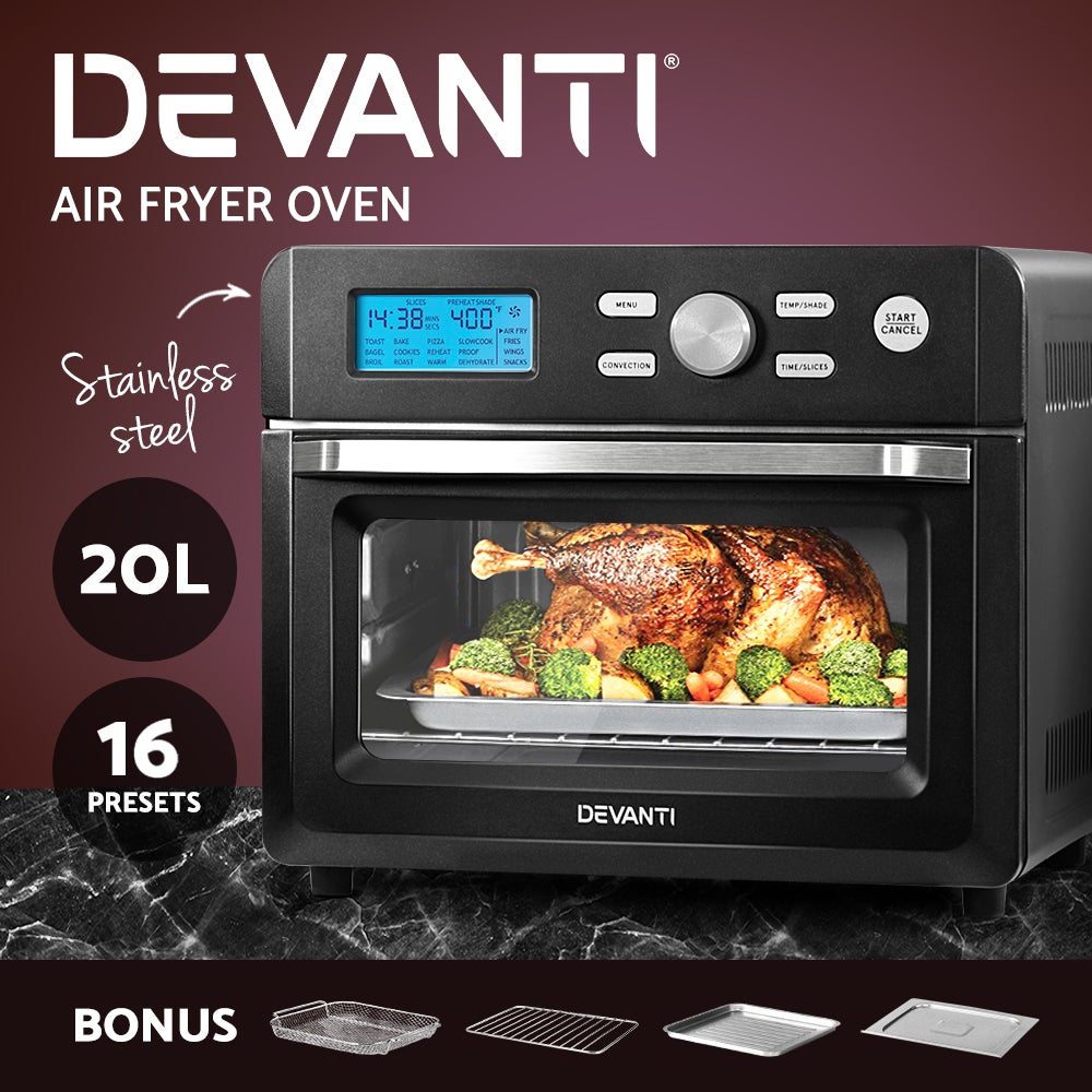 Devanti 20L Air Fryer Convection Oven in stainless steel with LCD display and cooking accessories.