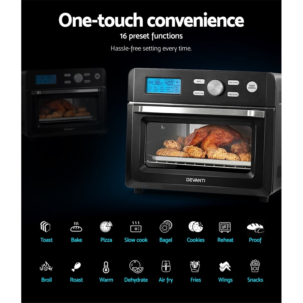 Devanti 20L Air Fryer Convection Oven in stainless steel with LCD display and cooking accessories.