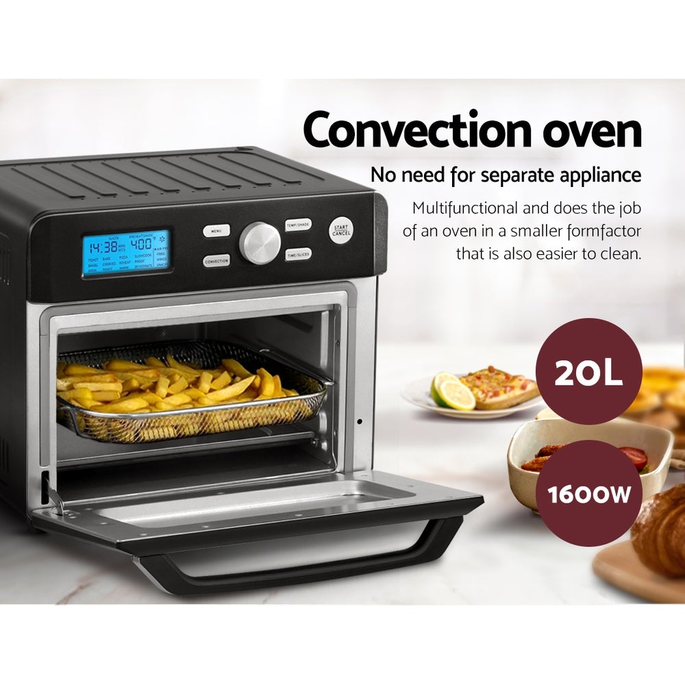 Devanti 20L Air Fryer Convection Oven in stainless steel with LCD display and cooking accessories.