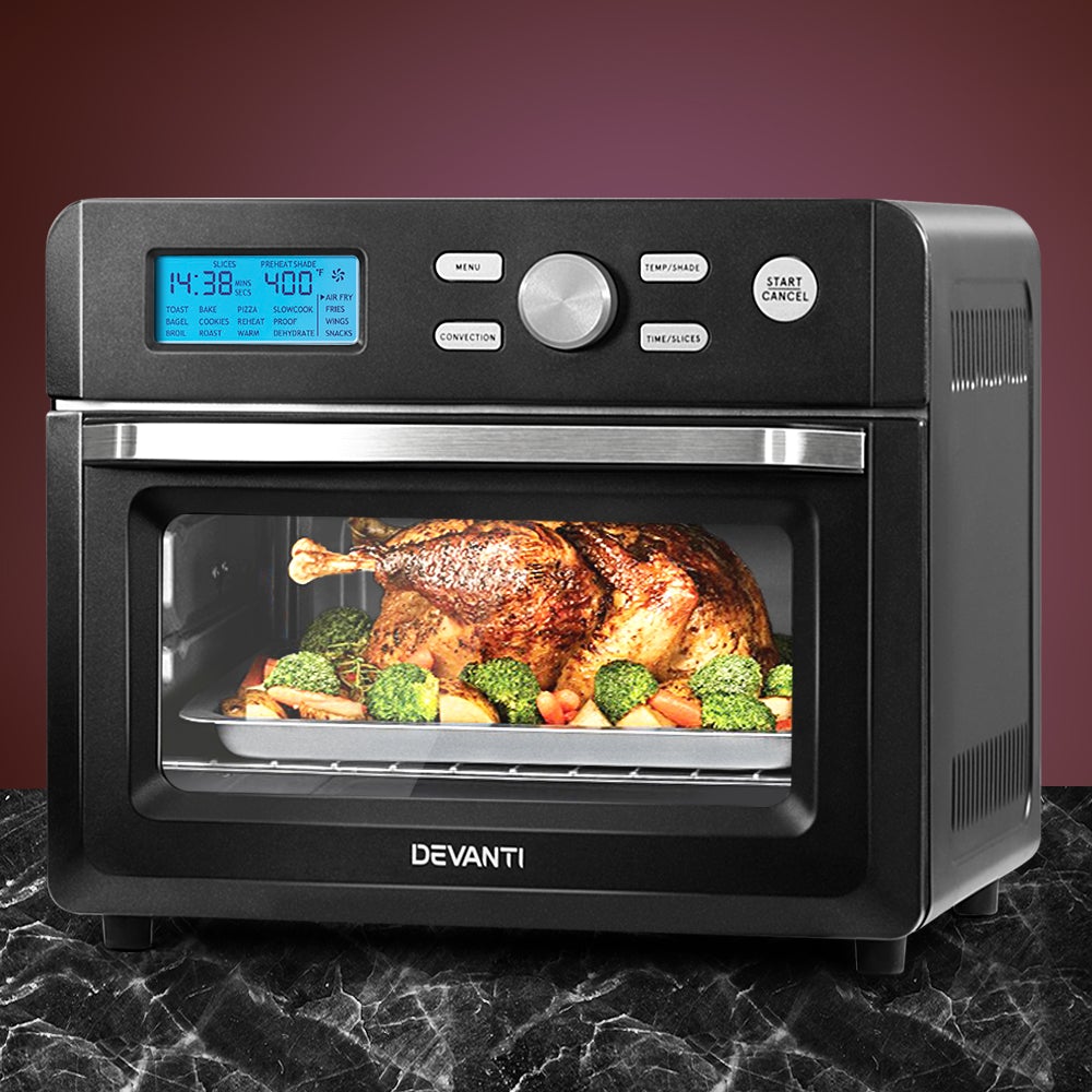 Devanti 20L Air Fryer Convection Oven in stainless steel with LCD display and cooking accessories.