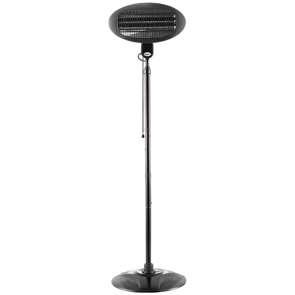 Devanti 2000W Electric Portable Patio Heater with a sleek black design, adjustable height, and tilting head for optimal warmth.