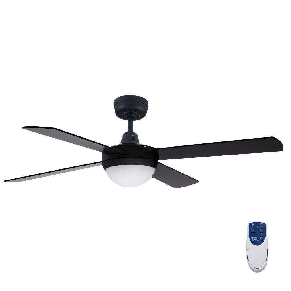 Devanti 52-inch black ceiling fan with wooden blades and remote control, designed for modern indoor and undercover outdoor use.