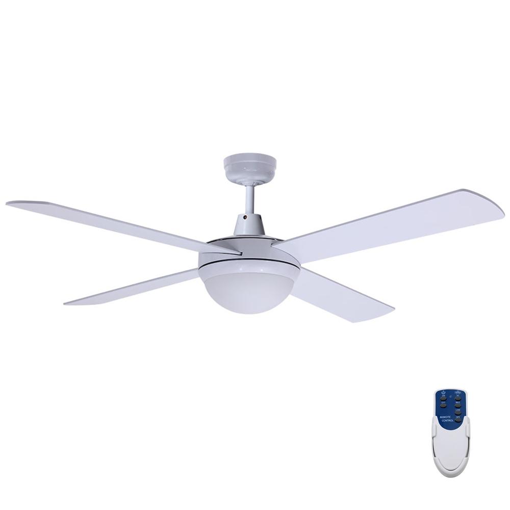 Devanti 52-inch white ceiling fan with wooden blades and remote control, designed for indoor and undercover outdoor use.