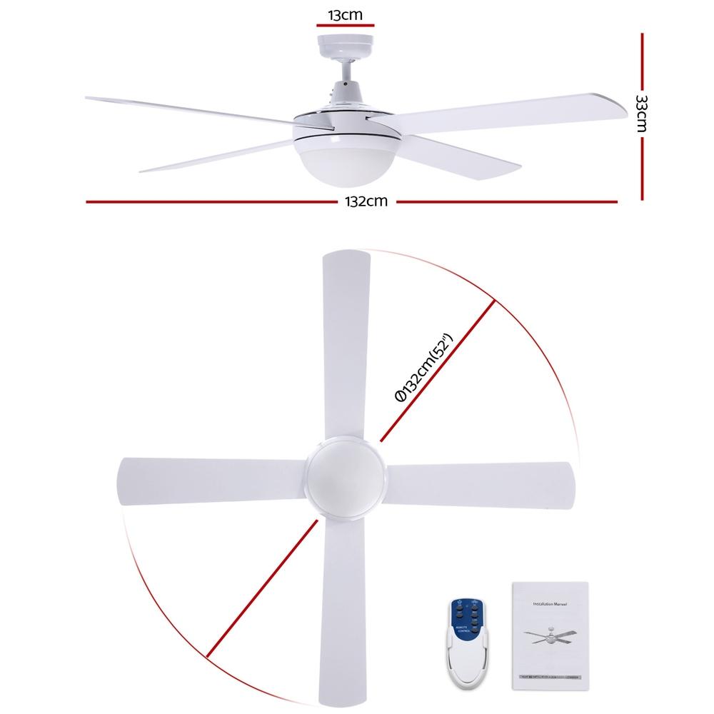 Devanti 52-inch white ceiling fan with wooden blades and remote control, designed for indoor and undercover outdoor use.