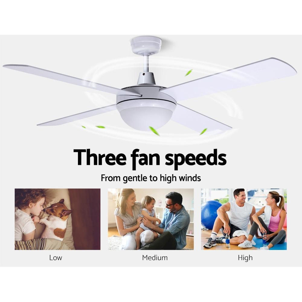 Devanti 52-inch white ceiling fan with wooden blades and remote control, designed for indoor and undercover outdoor use.