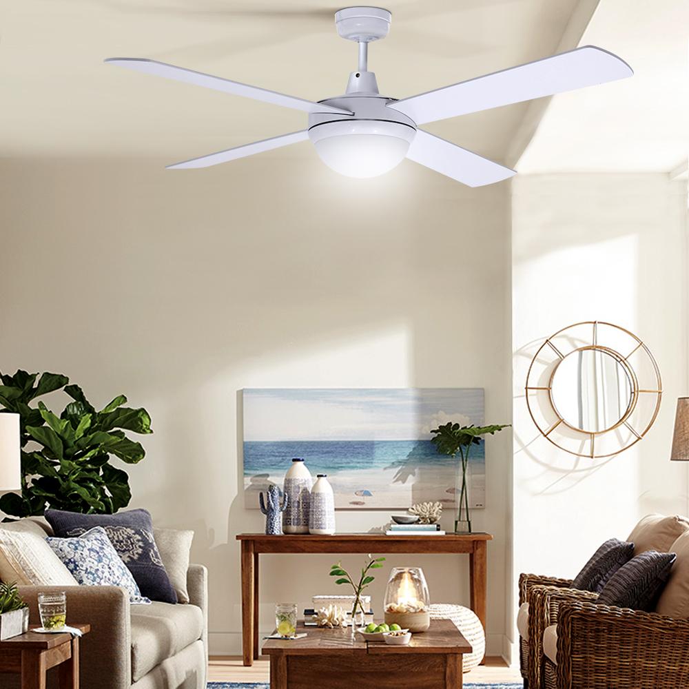 Devanti 52-inch white ceiling fan with wooden blades and remote control, designed for indoor and undercover outdoor use.