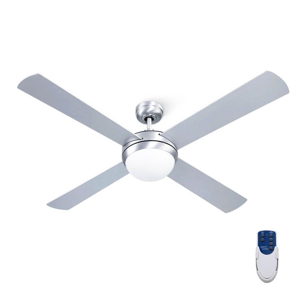 Devanti 52-inch ceiling fan with light in silver finish, featuring wooden blades and remote control.