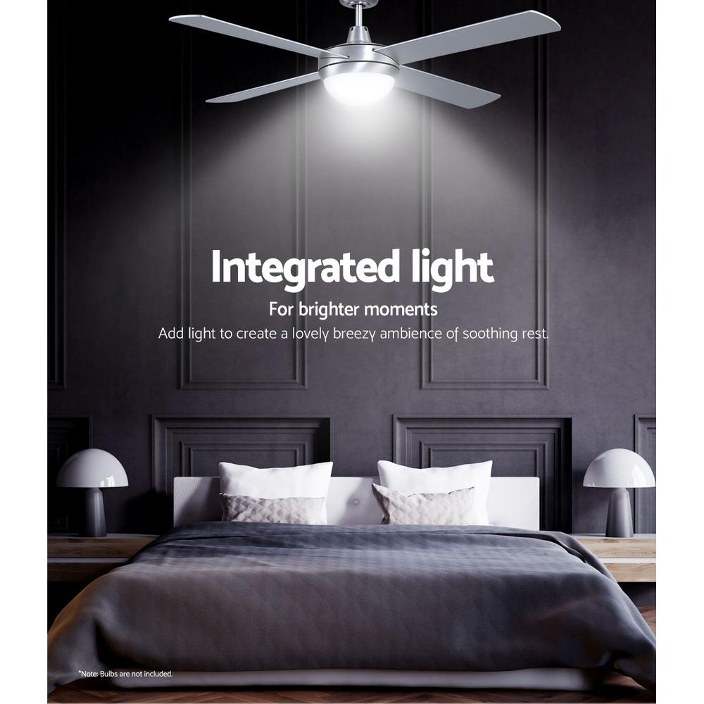 Devanti 52-inch ceiling fan with light in silver finish, featuring wooden blades and remote control.