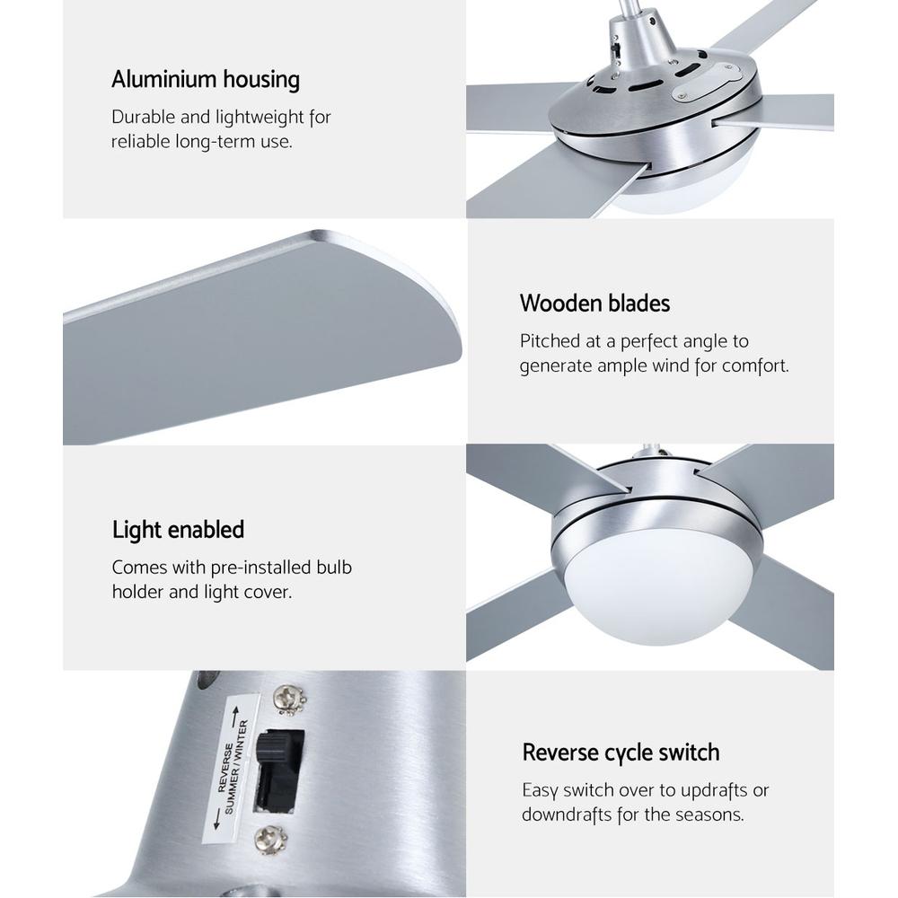 Devanti 52-inch ceiling fan with light in silver finish, featuring wooden blades and remote control.