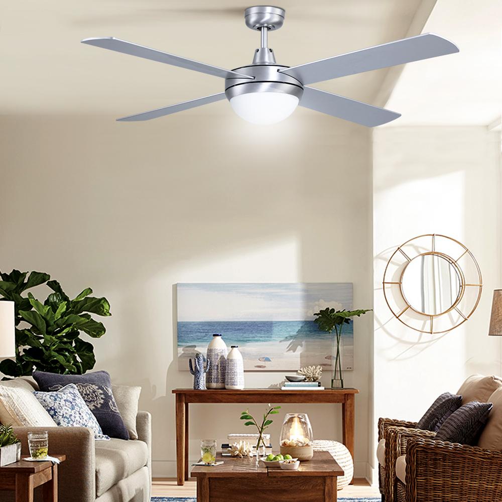 Devanti 52-inch ceiling fan with light in silver finish, featuring wooden blades and remote control.