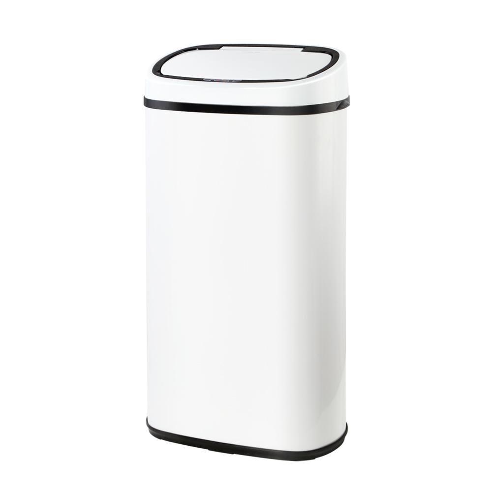 Devanti 58L Motion Sensor Bin in white, showcasing its sleek design and fingerprint-resistant steel body.