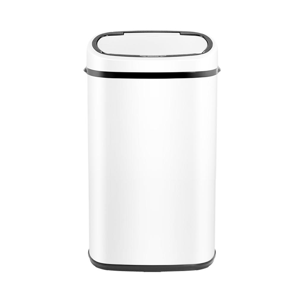 Devanti 58L Motion Sensor Bin in white, showcasing its sleek design and fingerprint-resistant steel body.