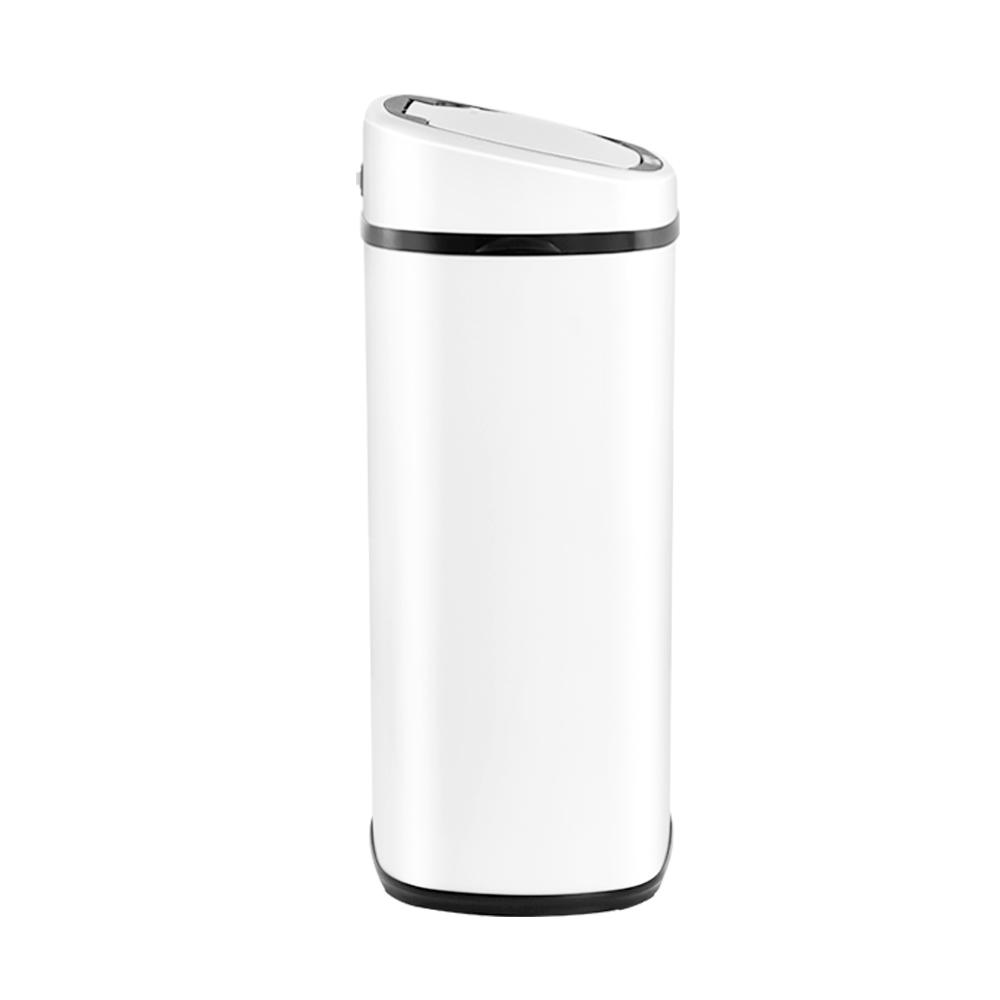 Devanti 58L Motion Sensor Bin in white, showcasing its sleek design and fingerprint-resistant steel body.