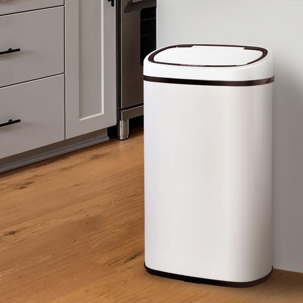 Devanti 58L Motion Sensor Bin in white, showcasing its sleek design and fingerprint-resistant steel body.