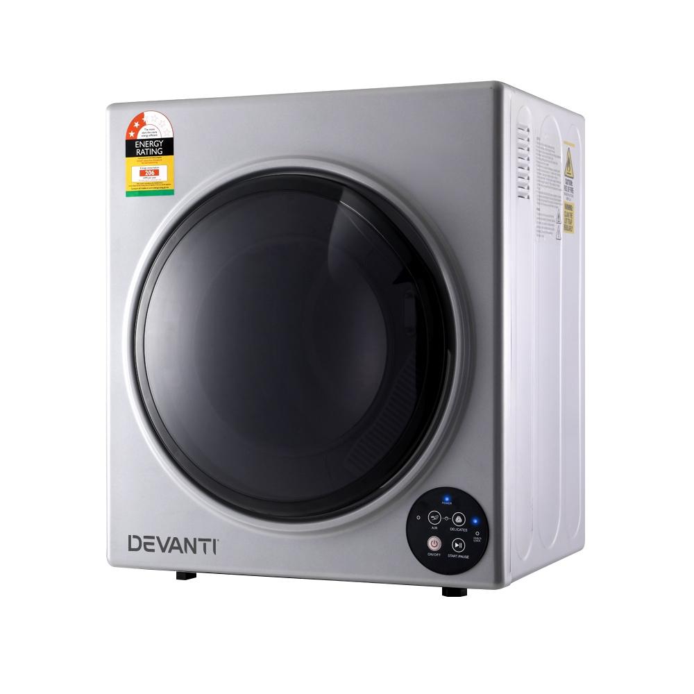 Devanti 5kg Vented Tumble Dryer in Silver with digital control panel and wall mounting kit.