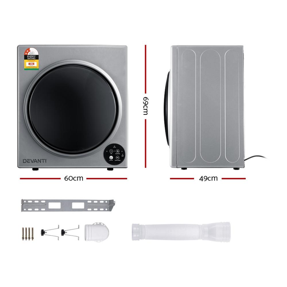 Devanti 5kg Vented Tumble Dryer in Silver with digital control panel and wall mounting kit.