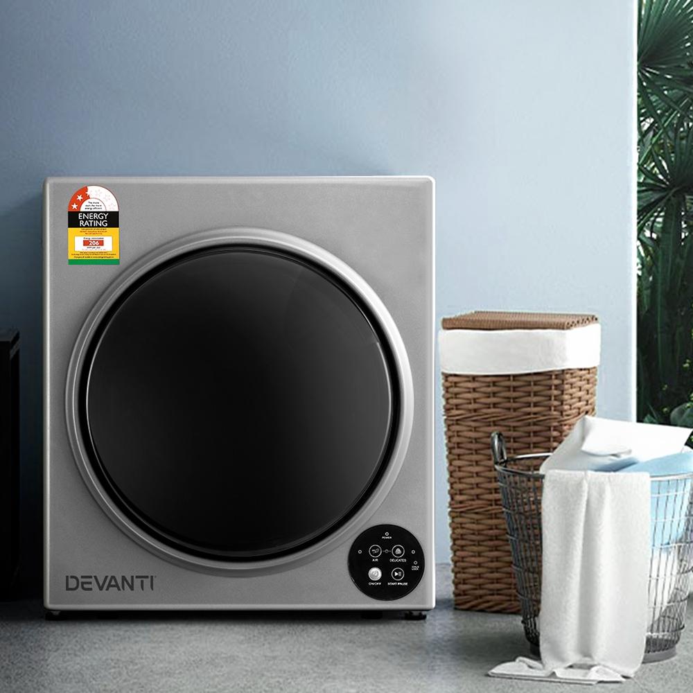 Devanti 5kg Vented Tumble Dryer in Silver with digital control panel and wall mounting kit.