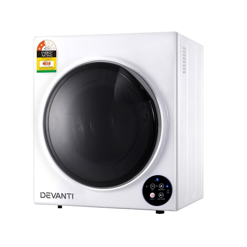 Devanti 5kg Vented Tumble Dryer in white, showcasing its sleek design and digital control panel.