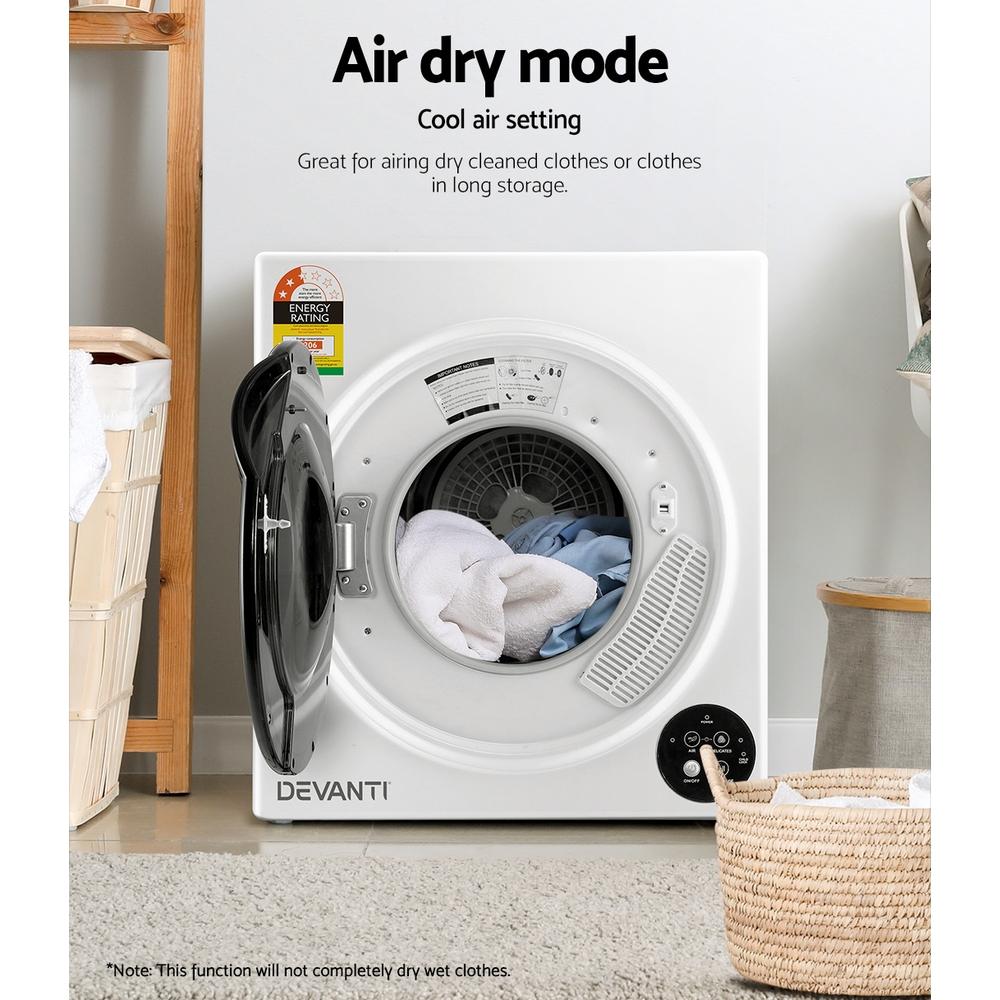 Devanti 5kg Vented Tumble Dryer in white, showcasing its sleek design and digital control panel.