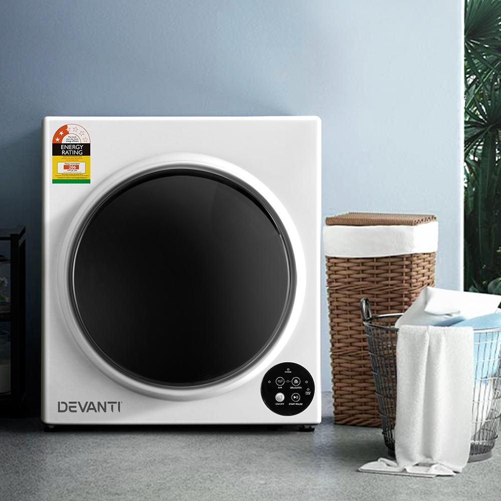 Devanti 5kg Vented Tumble Dryer in white, showcasing its sleek design and digital control panel.