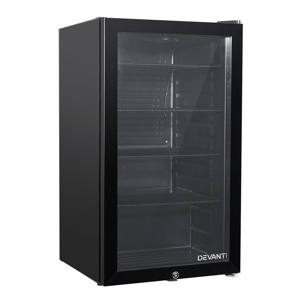 Devanti 98L Bar Fridge with glass door, showcasing adjustable shelves and built-in LED lamp, perfect for food and beverages.