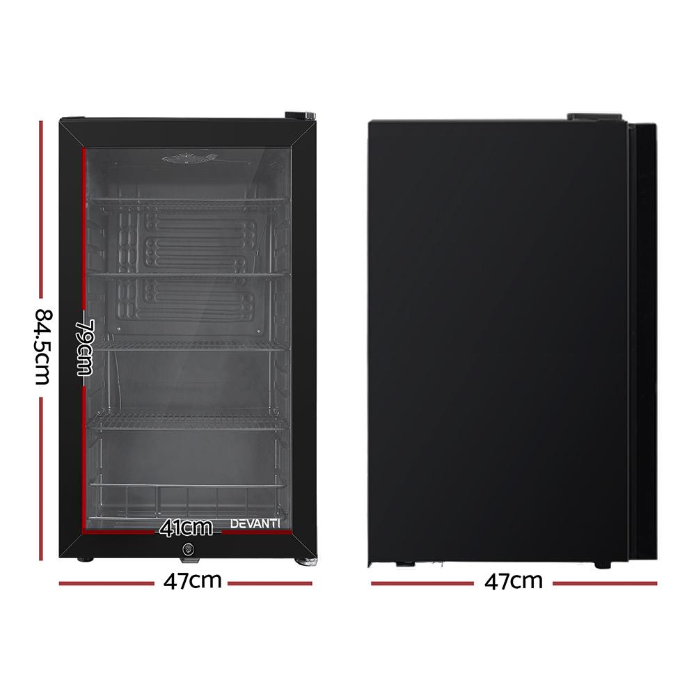 Devanti 98L Bar Fridge with glass door, showcasing adjustable shelves and built-in LED lamp, perfect for food and beverages.