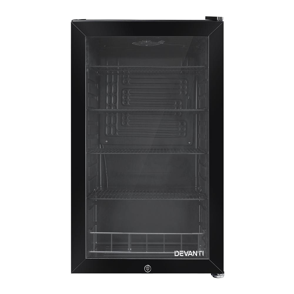 Devanti 98L Bar Fridge with glass door, showcasing adjustable shelves and built-in LED lamp, perfect for food and beverages.