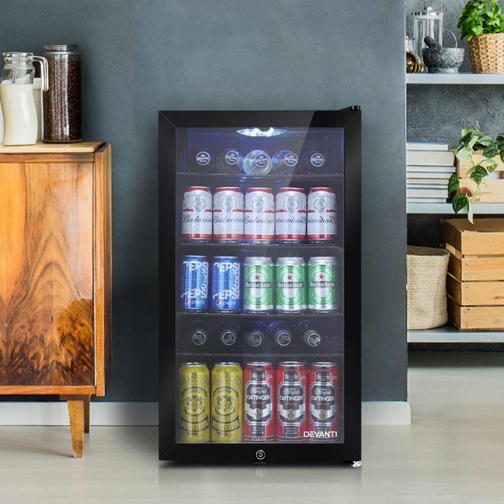 Devanti 98L Bar Fridge with glass door, showcasing adjustable shelves and built-in LED lamp, perfect for food and beverages.