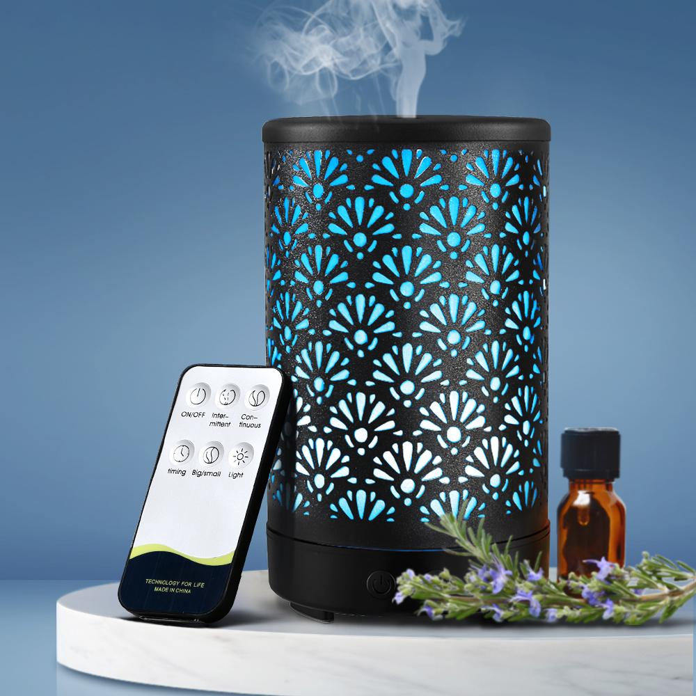 Devanti Aroma Diffuser with metal cover, showcasing its elegant design and LED lights.