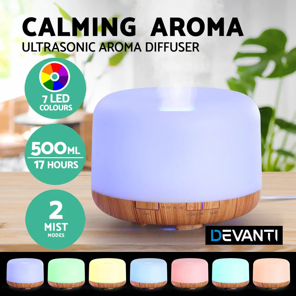 DEVANTI Aroma Diffuser with LED night light and wood base, showcasing its modern design and features.