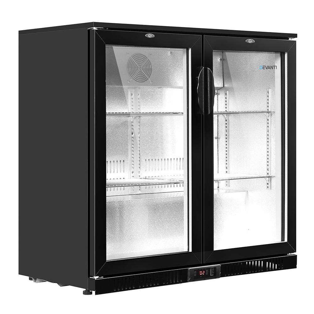 Devanti Bar Fridge with double glass doors, showcasing beverages inside, designed for commercial use.